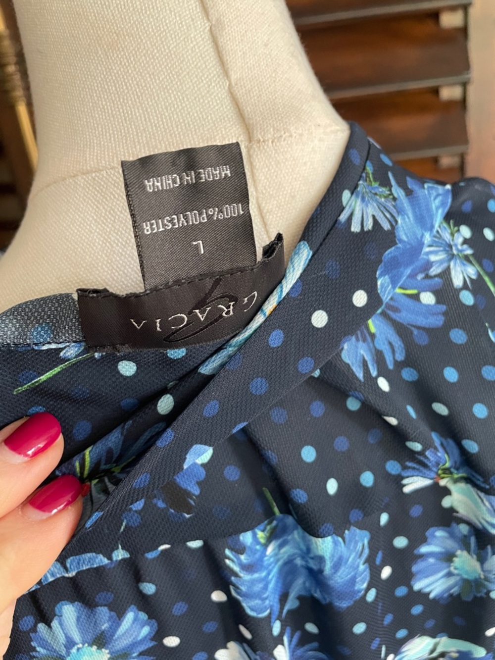 Gracia Navy Floral Tie-Neck Long Sleeve Dress Belt Spring Tea Party Large - Picture 12 of 14